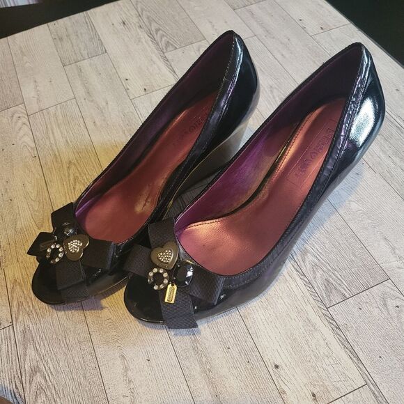 Coach Shoes - Coach Poppy Black Patent Leather Jayden Peeptoe Wedge Pump Sandals size 8 B